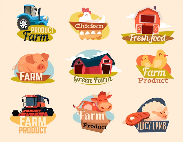 A set of cartoon farm emblems. Vector illustration of a farm.