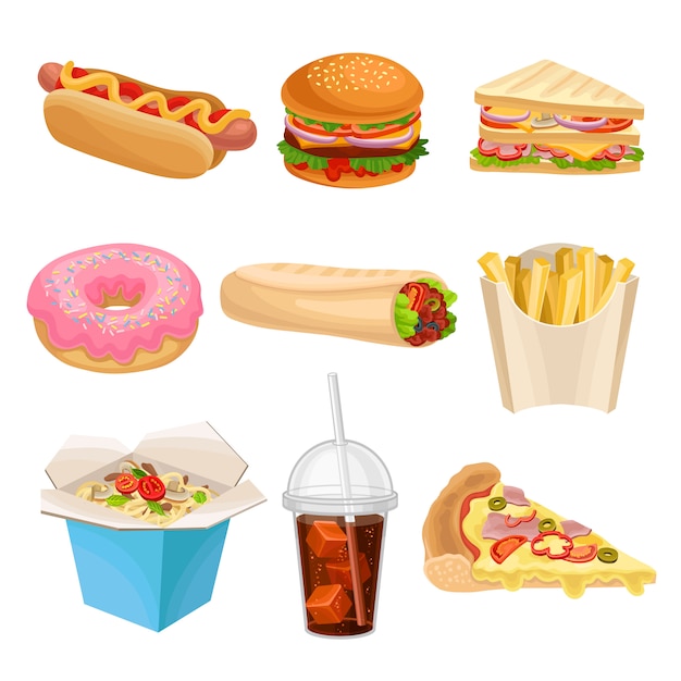 Set of cartoon fast-food icons. Delisious snack for lunch. Colorful flat   illustrations