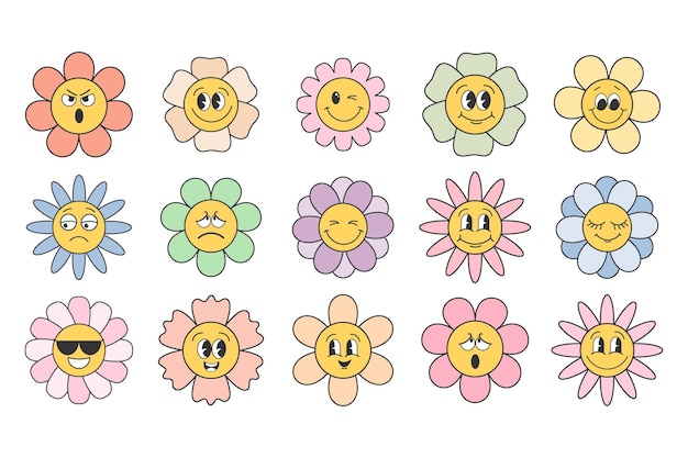 Set of cartoon flowers with different faces Set of cute funky hippie flowers Retro 70s atmosphere