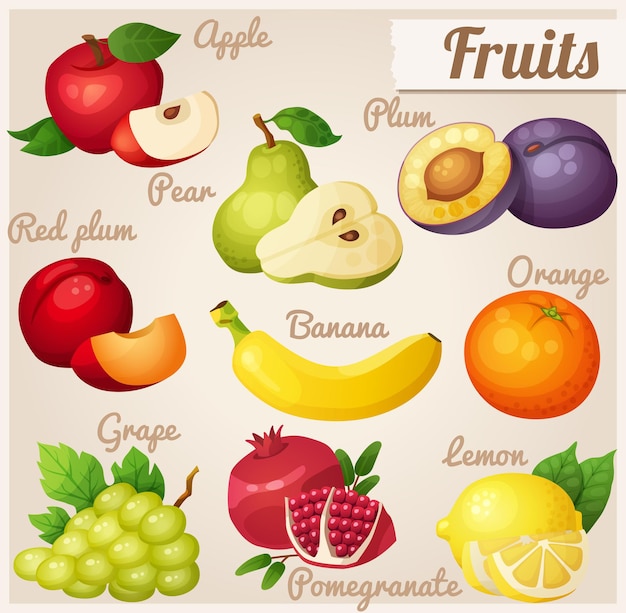 Set of cartoon food icons fruits