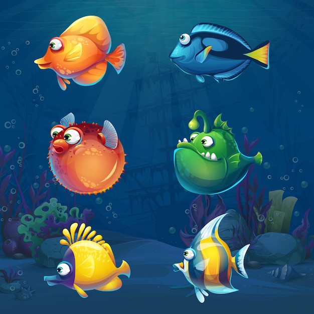 Set of cartoon funny fish in underwater world. Marine Life Landscape with different inhabitants.