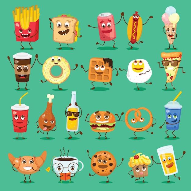 Set of cartoon funny friends - fast food and fruits