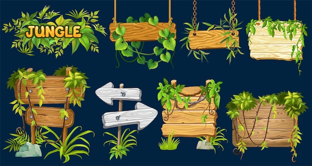 Set cartoon game panels Isolated wooden gui elements with tropical plants and boards