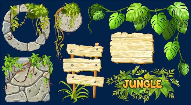 Set cartoon game wooden stone panels with tropical lianas rocks and boards