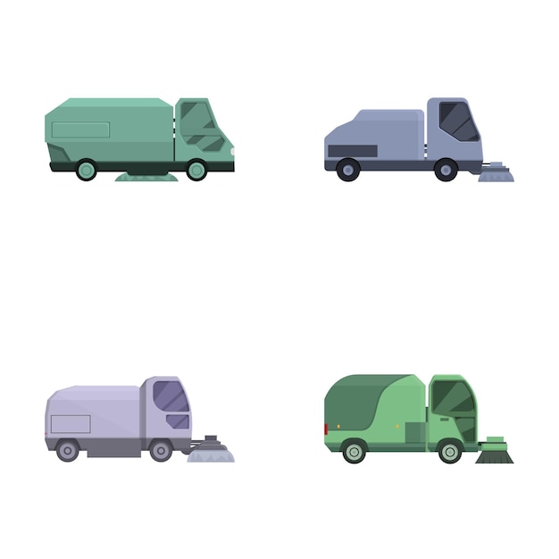 Vector set of cartoon garbage trucks and street sweepers