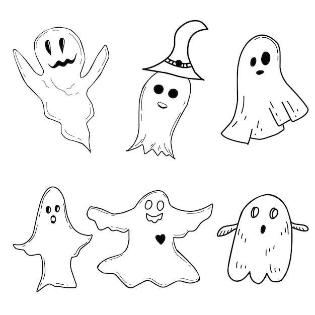 Set of cartoon ghosts in doodle style Halloween Traditional holiday