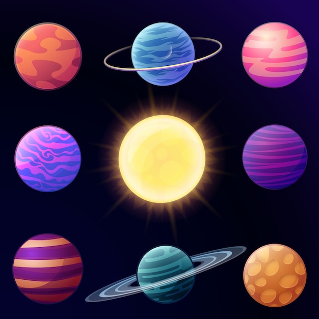 Set of cartoon glossy planets