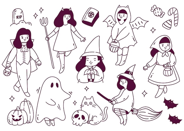 Set of Cartoon Halloween Party Doodle. Vector Illustration