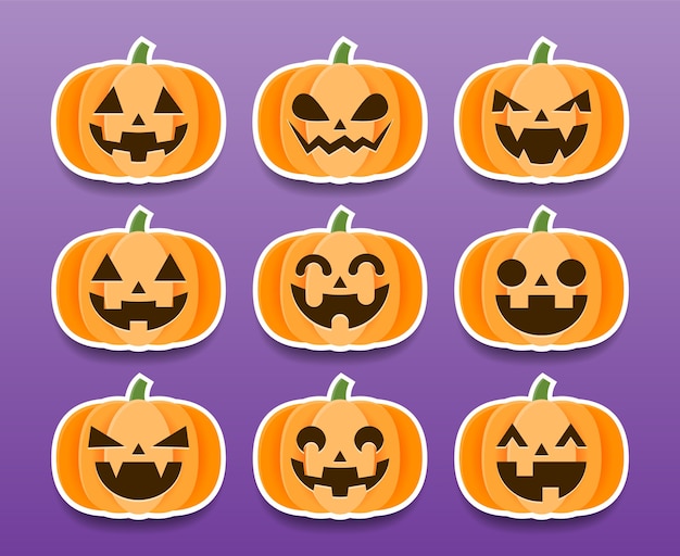 Set of Cartoon Halloween Pumpkins Stickers.