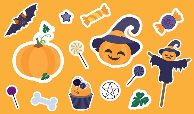 Vector set of cartoon halloween stickers. hand drawn illustration. .vector collection of halloween elements