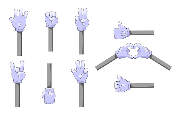 Vector set of cartoon hands in gloves. retro comic hands in gloves with various gestures. vector.