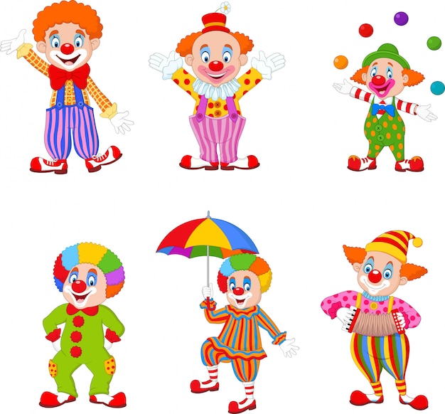 Set of cartoon happy clowns in different actions