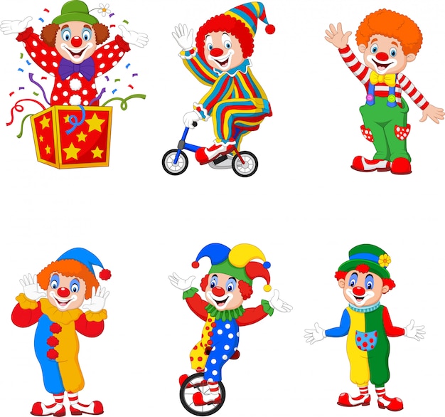 Set of cartoon happy clowns in different actions