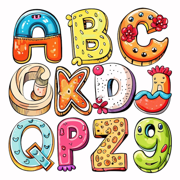 Vector set of cartoon letters with colorful designs