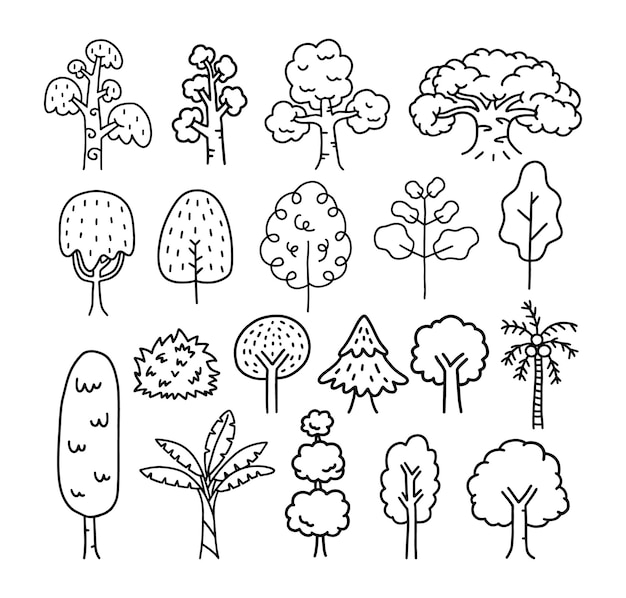 Vector set of cartoon line art doodle of trees hand drawn