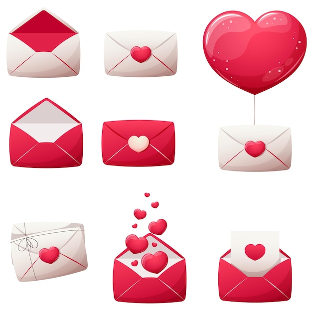 Set of cartoon love letters envelopes messages with hearts in white and red colors