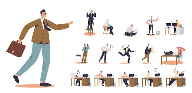 Set of cartoon man office worker hold briefcase walking in different lifestyle situations: businessman at workplace work on laptop computer, procrastinate, talk on phone. Flat vector illustration