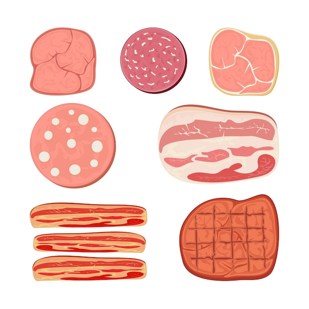 Vector set of cartoon meat products with ham salami bacon sausage and other meat slices illustration