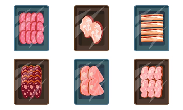 Set of cartoon meat trays Frozen food in transparent plastic packaging Collection of fresh meat deli