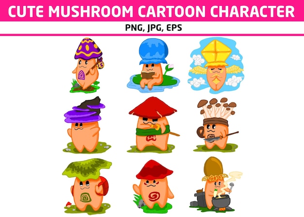 Set Of Cartoon Mushroom Character Vector Sublimation