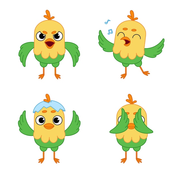 Vector set of cartoon parrot character getting angry, singing song, closing eyes with wings and hatching