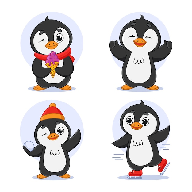 Set of cartoon penguins eating ice cream playing with snowballs and skating