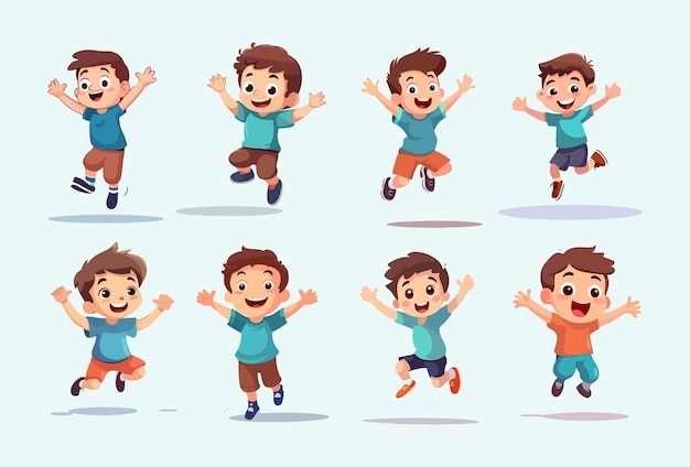 set of cartoon people being happy and jumping The design uses a flat minimalist and simple vector