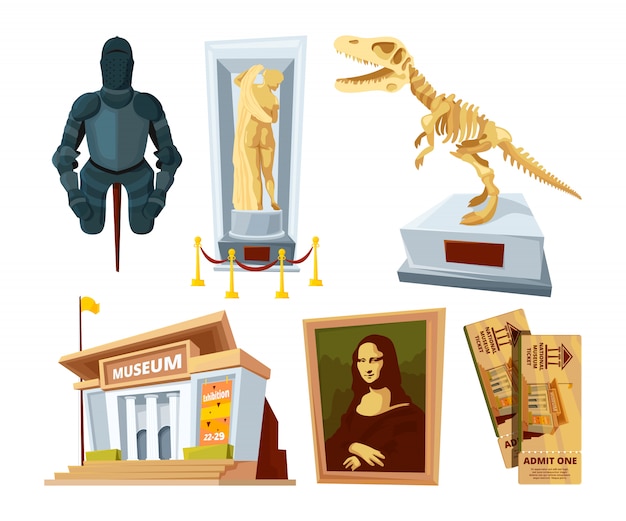 Vector set cartoon pictures of museum with exhibit pod and tools of various historical periods