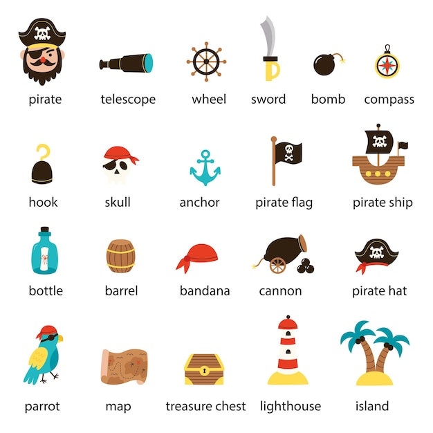 Set of cartoon pirate elements with names