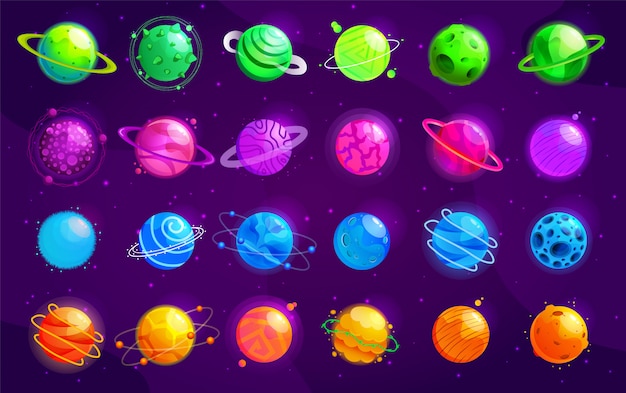 set of cartoon planets. Colorful set of isolated objects. Space background. Colorful universe. Game design. Fantasy space planets for ui galaxy game.