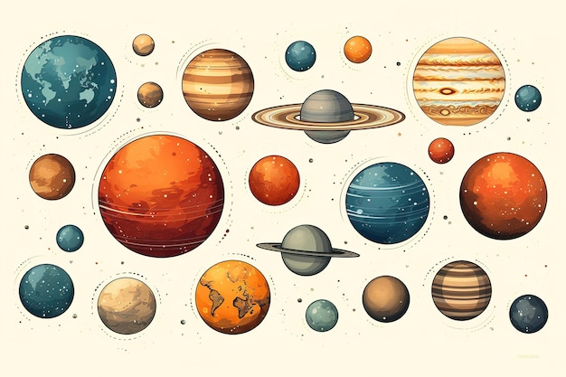 Set of cartoon planets and space elements Vector illustration