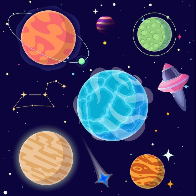 Set of cartoon planets and space elements. 