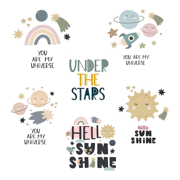 set of cartoon planets, spaceship, comet, stars, hand drawing lettering