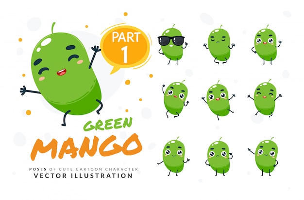 Set of cartoon poses of Green Mango.