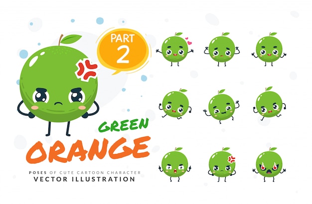 Set of cartoon poses of green Orange.