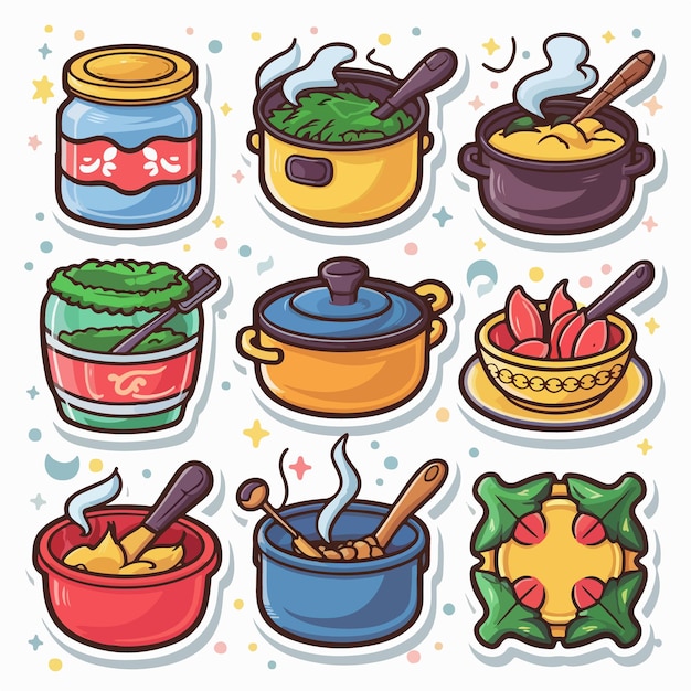 a set of cartoon pots and pans with different food items