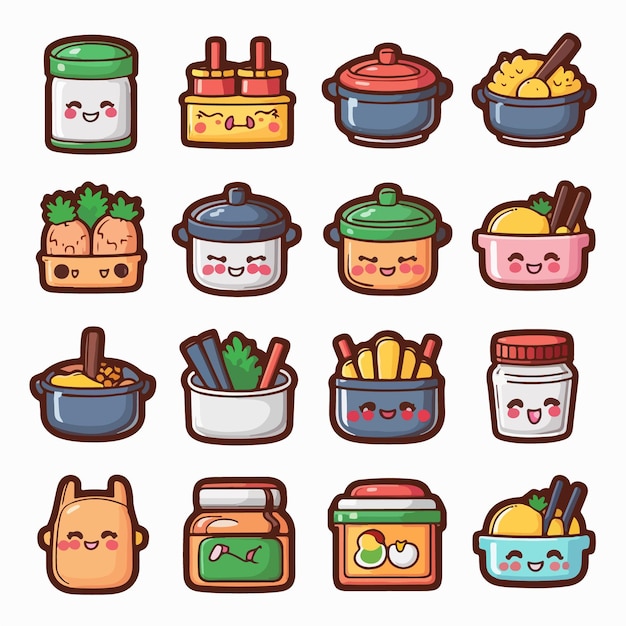 a set of cartoon pots and pans with different food items