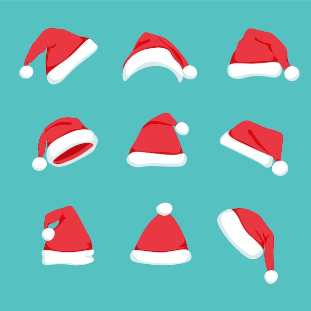 Vector set of cartoon red santa hats isolated. winter cap. xmas and new year holiday mascarade costume