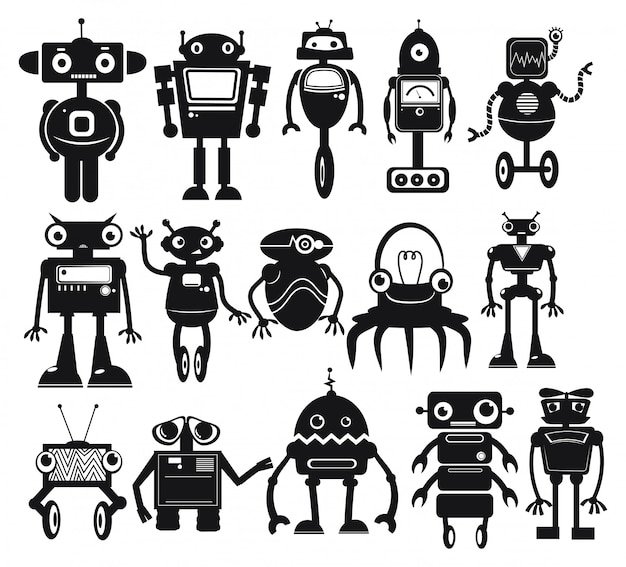 Set of cartoon robots. Collection of cute retro robots.