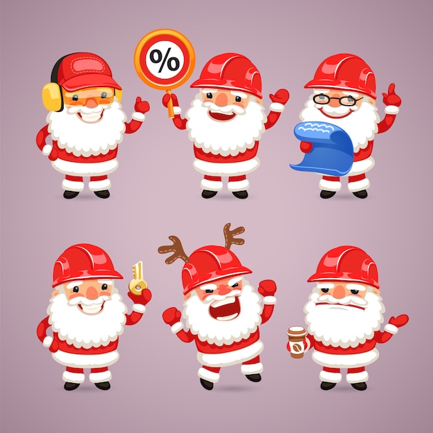 Set of Cartoon Santa Claus Builders