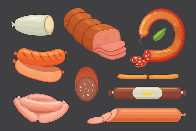 Set of  cartoon sausage. Bacon, sliced Salami and Smoked Boiled. Isolated fresh grilled product on a white background isolated illustration