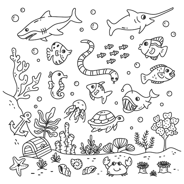 Set of cartoon sea animals in doodle style