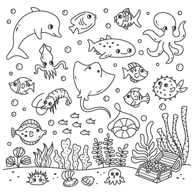 Set of cartoon sea animals in doodle style