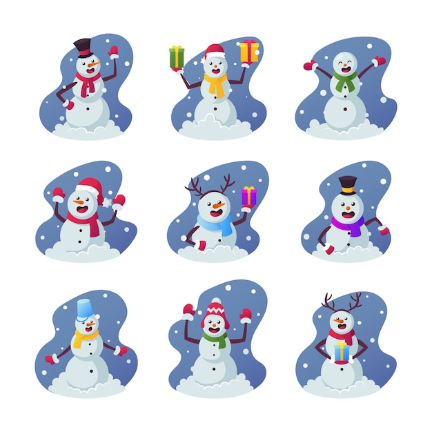 Set of Cartoon Snowmen, Funny Winter Characters Wearing Warm Clothes Hats, Mittens and Scarf, Holding Presents and Gift Boxes for Christmas Isolated on White Background