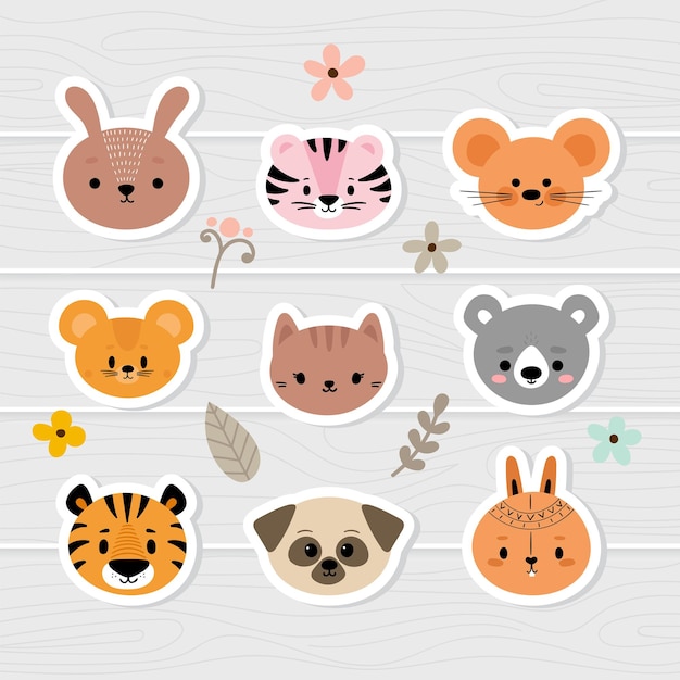 Vector set of cartoon stickers with animals for kids cute hand drawn characters sweet baby faces