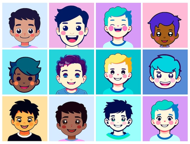 Set of cartoon style avatars in the shape of cute boys heads with smiles on their faces People of different races with various hair and skin colors Simple flat design