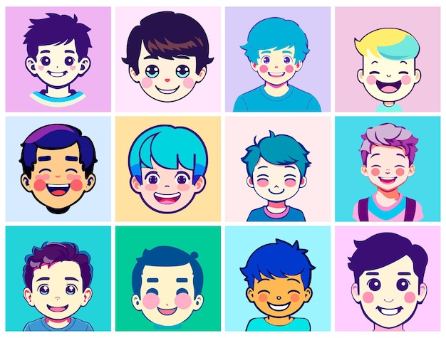 Set of cartoon style avatars in the shape of cute boys heads with smiles on their faces People of different races with various hair and skin colors Simple flat design