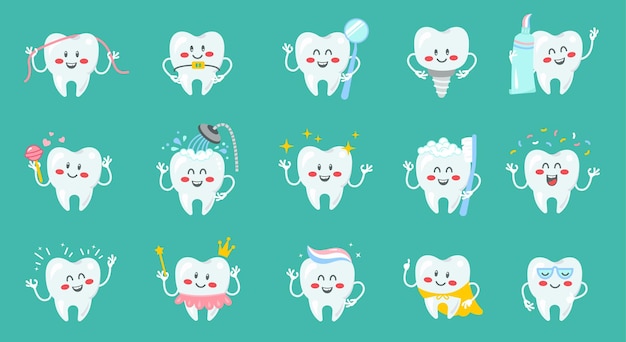 Set of cartoon tooth characters holding toothpaste and toothbrush Happy cute tooth cheerful smiling