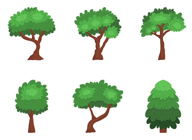 Set Of Cartoon Trees Isolated On White Background Forest And Garden Green Plants Coniferous And Deciduous Objects