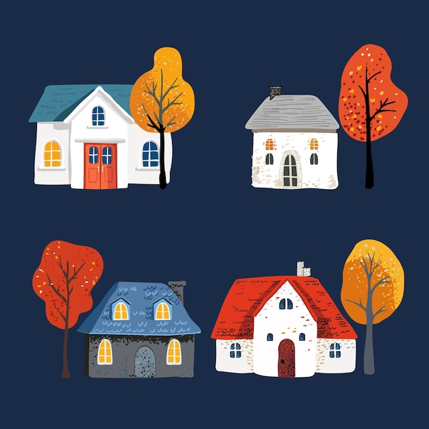 Set cartoon village house with a roof folk yellow red leaves on a tree night on postcard and poster